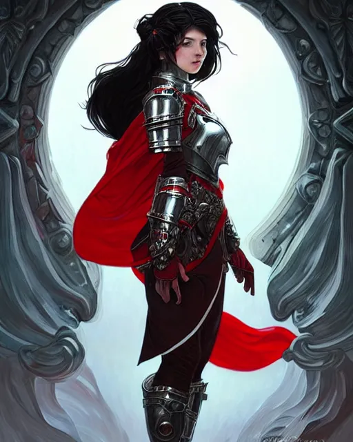 Image similar to Portrait of a nordic girl with black hair wearing a paladin armor with a red skirt and white top, face, fantasy, intricate, elegant, highly detailed, digital painting, artstation, concept art, smooth, sharp focus, illustration, art by Fernanda Suarez and Artem Demura and alphonse mucha