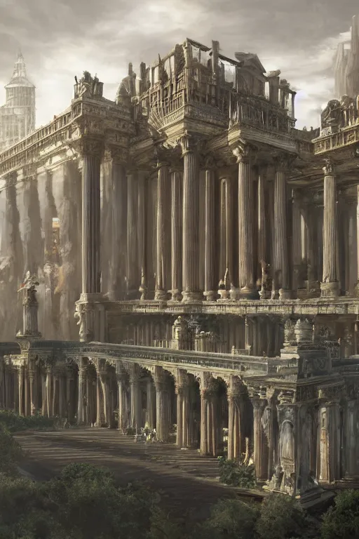 Image similar to gigantic palace, adorned pillars, towers, landscape, alex ross, neal Adams, david finch, concept art, matte painting, highly detailed, rule of thirds, dynamic lighting, cinematic, detailed, denoised, centerd