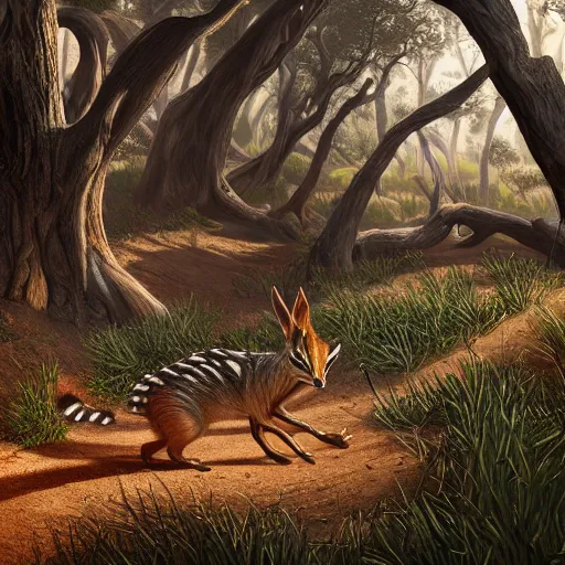 Prompt: Intricate detailed illustration, A numbat frolicking in the Dryandra woodland, cinematic lighting, by Philip Hood, wide angle, volumetric light scattering, 8k, artstation, concept art,