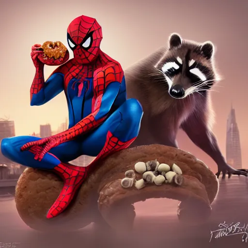 Image similar to spider - man sit on the raccoon and eating donuts, concept art, trending on artstation, highly detailed, intricate, sharp focus, digital art, 8 k