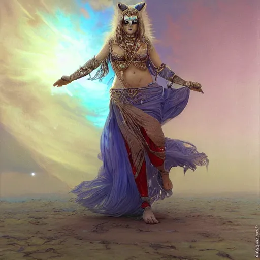 Image similar to cute female bellydancer wolf, anthropomorphic, stuning 3 d render, masterpiece, glowing holy aura, by donato giancola and greg rutkowski and wayne barlow and zdzisław beksinski, realistic face