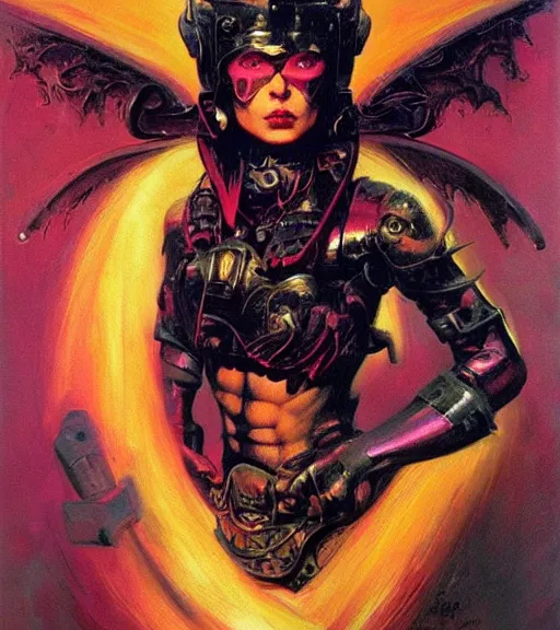 Image similar to portrait of strong female chaos angel, beautiful! coherent! by frank frazetta, by brom, strong line, vivid neon color, spiked metal armor, iron helmet maximalist