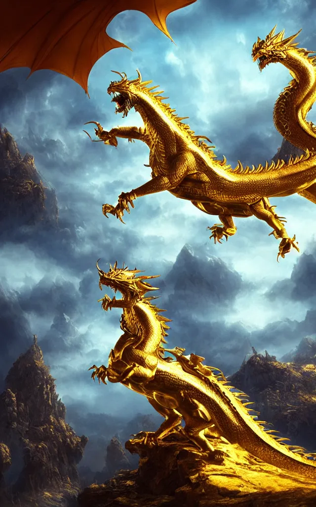 Image similar to a matte painting depicting a golden dragon, epic, legendary, cinematic composition, stunning atmosphere