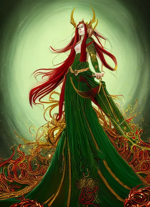 Image similar to a painting of a beautiful elven queen with long red hair, wearing green, red and gold ornate dress, golden intricate crown. detailed full body portrait, intricate complexity, concept art, in style of masamune shiro and ghost in the shell. cinematic dramatic atmosphere, sharp focus, rule of thirds, 4 k,