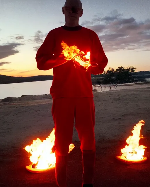 Image similar to [ [ [ [ [ [ squidward ] ] ] ] ] ] wearing fire nation clothing and practicing firebending outside at susnset