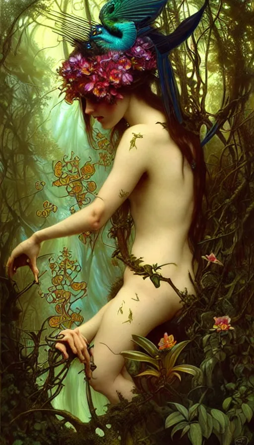 Image similar to consciousness concept art, lush forest, magic, gnarly details, paradise flycatcher, gold, gems, dramatic lighting, denoised, painted by tom bagshaw, alphonse mucha