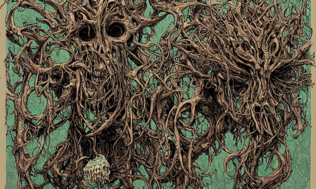 Image similar to hyperdetailed art nouveau portrait of treebeard as a cthulhu eyeball skull wendigo cryptid, by geof darrow, simon bisley and bill sienkiewicz, grim yet sparkling atmosphere, photorealism, claws, skeleton, antlers, fangs, forest, wild, crazy, horror, lynn varley, lovern kindzierski, steve oliff