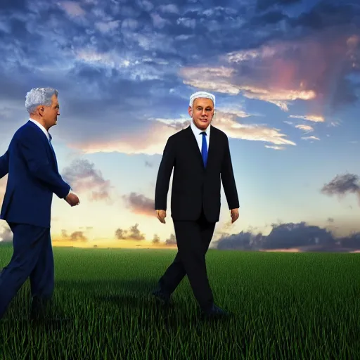 Prompt: Benjamin Netanyahu and Yair Lapid walking towards a vibrant sunset holding hands. Heart shaped clouds, butterflies floating in the sky, colorful flowers on the grass. Jet plane streaking over head in the distance, hyperrealistic, highly detailed, depth of field, High definition, 8k, octane render, artstation