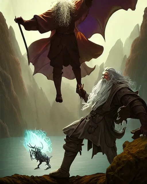 Image similar to gandalf fighting a monster with his magic, in a fantasy medieval land, d & d, fantasy, action pose, particle effects, digital painting, concept art, matte, sharp focus, volumetric lighting, illustration, hearthstone, artgerm, moebius, wlop, craig mullins, alphonse mucha