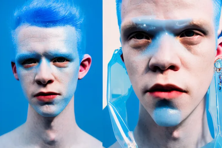 Image similar to a close - up risograph of cyberpunk albinism model men wearing lots of transparent and cellophane accessories, light blue colors, huge earrings and queer make up, blue hour, twilight, cool, portrait, crispy, full - shot, blue sky, kodachrome, photo by mayumi hosokura, style by moebius