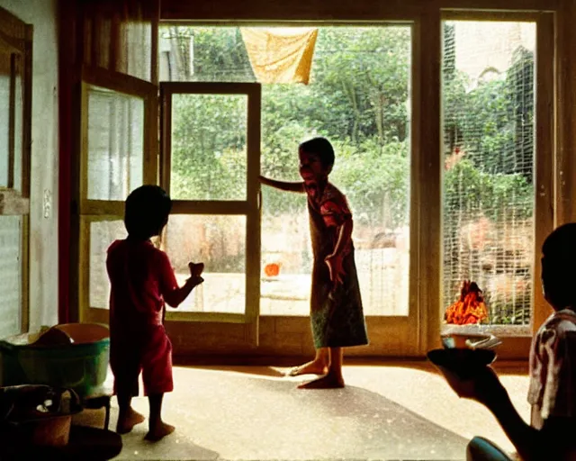 Image similar to A mother cooking food in her Indian suburban home, two kids playing outside are visible from the window. Photograph by Gregory Crewdson and Wes Anderson, shot on a large format film camera, 8K