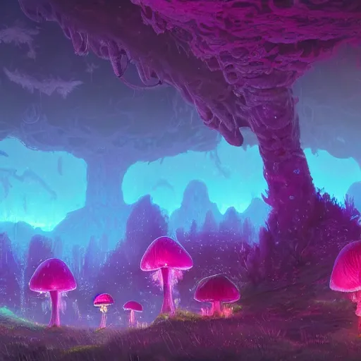 Image similar to concept art painting of a fantasy alien fungal landscape at night, magenta trees, glowing blue mushrooms, houses made of mushrooms, dark purple sky, realistic, detailed, cel shaded, in the style of makoto shinkai and greg rutkowski and albert bierstadt and james gurney