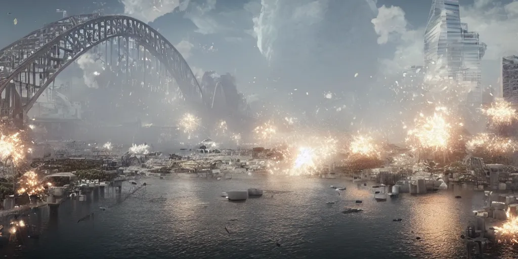 Image similar to explosions in the form of realistic white cotton plants on harbour bridge, huge white cotton everywhere on the destroyed harbour bridge, smooth, sharp focus, highly detailed, 3 d octane render, epic lighting, crazy atmosphere, lots of white cotton, 8 k, by goro fujita