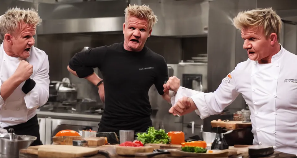 Image similar to photo of angry furious Gordon Ramsay punching Gordon Ramsay at the kitchen