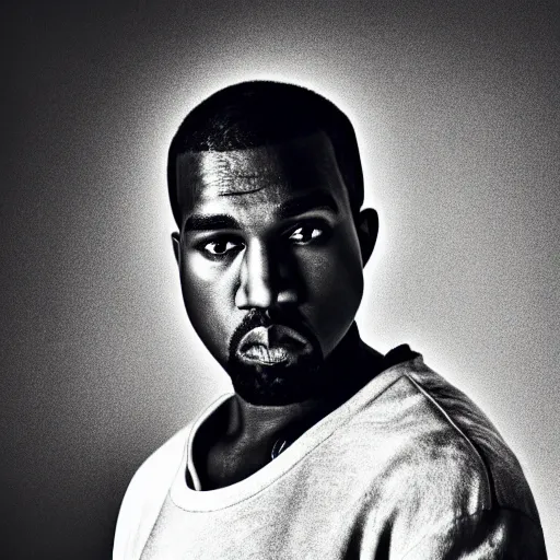 Image similar to the face of young kanye west wearing yeezy clothing at 3 2 years old, black and white portrait by julia cameron, chiaroscuro lighting, shallow depth of field, 8 0 mm, f 1. 8