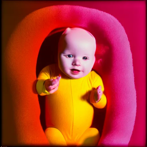 Image similar to colorized echography of a fetus teletubbie watching TV in his mother’s womb