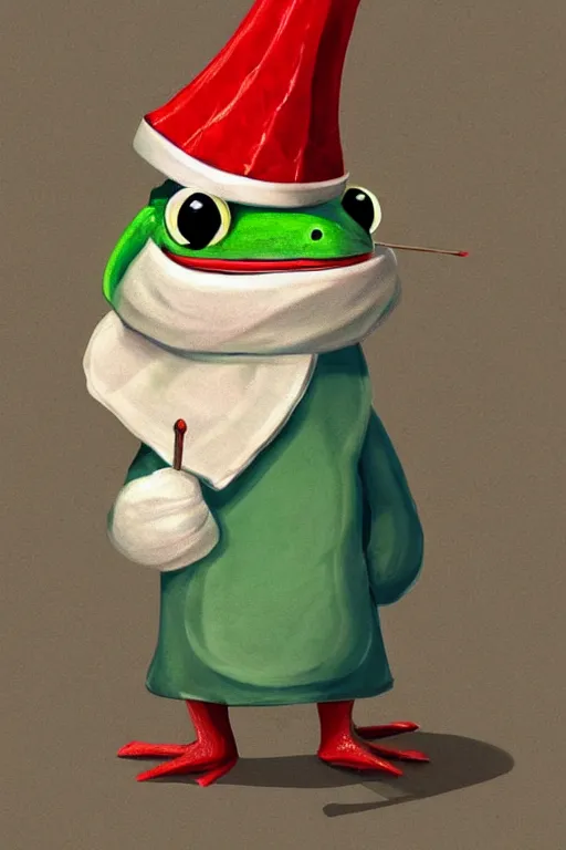 Image similar to cute anthropomorphic frog wearing a white butcher coat with a white butcher hat and holding a cleaver, cutting a wipe red watermellon, tiny, small, miniature frog, baby animal, short, pale blue armor, cute and adorable, pretty, beautiful, DnD character art portrait, matte fantasy painting, cgsociety Artstation, by Jason Felix by Steve Argyle by Tyler Jacobson by Peter Mohrbacher, cinematic lighting
