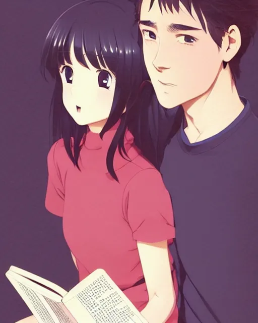 Image similar to cute girl reading book with her boyfriend, shy emotion. | very very anime!!!, fine - face, audrey plaza, realistic shaded perfect face, fine details. anime. very strong realistic shaded lighting poster by ilya kuvshinov katsuhiro otomo ghost, magali villeneuve, artgerm, jeremy lipkin and michael garmash and rob rey