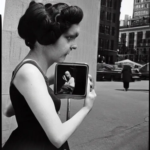 Image similar to photo of a woman in a dress by vivian maier. professional photography.