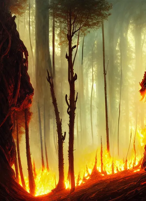 Prompt: panorama of a burning forest inhabited by elves, d & d, violent, fantasy, intricate, elegant, highly detailed, digital painting, artstation, concept art, smooth, sharp focus, illustration, art by artgerm and greg rutkowski and alphonse mucha