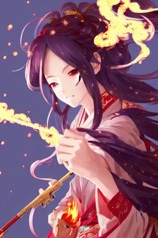 Prompt: beautiful attrative face kawaii girl kimono gunslinger with fire sparkling and smoke around her, light flowing hair, anime key visual, absurdly beautiful, highly detailed, sharp focus, concept art, granblue fantasy, anime by serafleur / d pin / rongzhen luo / mingdosa / ruan jia / gemi ningen