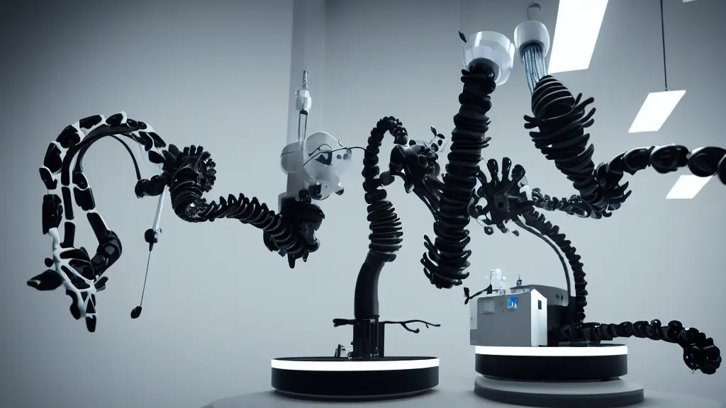 Image similar to a complex bifurcated robotic cnc surgical arm hybrid mri 3 d printer machine making swirling black and white ceramic mandlebulb mutant forms in the laboratory inspection room, film still from the movie directed by denis villeneuve with art direction by salvador dali, wide lens, f 3 2, cinematic lighting, studio quality, smooth render, unreal engine 5 rendered, octane rendered