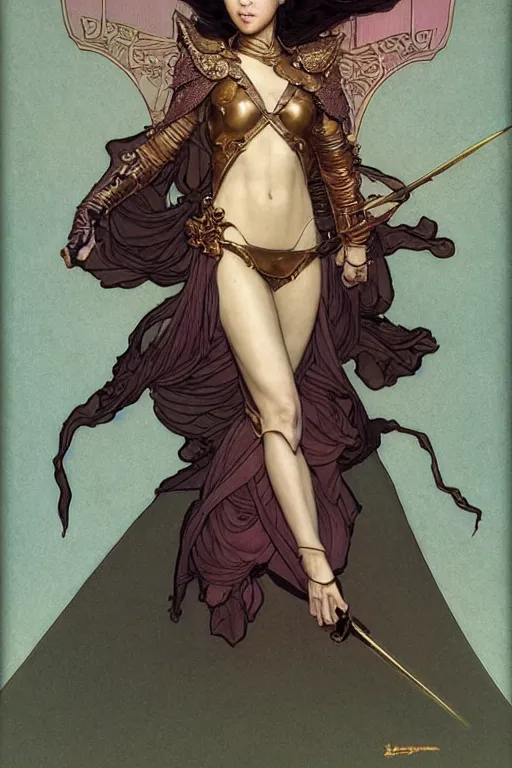 Image similar to full length portrait of zhang ziyi in armour, by eve ventrue, michael carson, andreas rochas, john watkiss, casey weldon, artgerm. art nouveau. tarot card by mucha. gloomhaven. swirly intricate linework background. gaudy colors, sharp edges. octane render