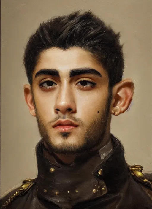 Image similar to close up head and shoulders portrait painting of young man who looks like zayn malik as an elf by jeremy mann, wearing leather napoleonic military style jacket, only one head single portrait, pointy ears