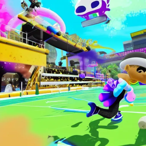 Image similar to a screenshot of drake the rapper preforming in splatoon match