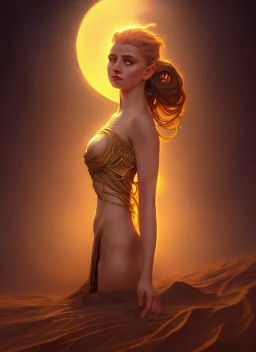 Prompt: a beautiful cinematic female sand goddess, golden tatto, galatic shamen with Quantum energy fantasy, fantasy magic, undercut hairstyle, dark light night, intricate, elegant, sharp focus, illustration, highly detailed, digital painting, concept art, matte, art by WLOP and Artgerm and Greg Rutkowski and Alphonse Mucha, masterpiece