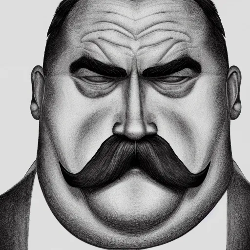 Image similar to face portrait a big beefy man with a large face, thick dark hair, a bushy black moustache, shaved beard, with hardly any neck and mean little eyes, highly detailed, sharp focus, trending on art station, colourful drawing