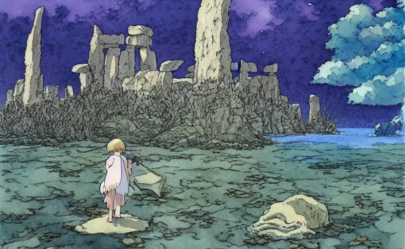 Image similar to a hyperrealist studio ghibli watercolor fantasy concept art. in the foreground is a grey giant lifting a stone. in the background is stonehenge. the scene is underwater on the sea floor. by rebecca guay, michael kaluta, charles vess