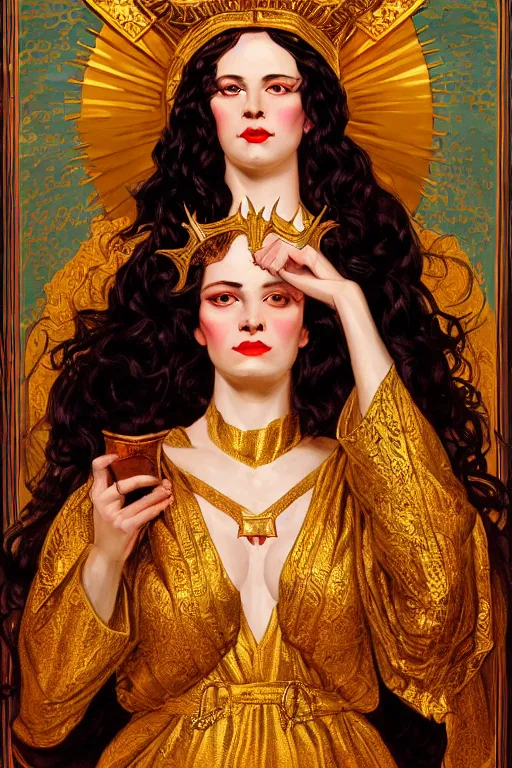 Image similar to Portrait of historically accurate, ancient biblical, sultry, sneering, evil, pagan, wicked, queen jezebel, wearing gilded robes, long hair, intricate, elegant, highly detailed, masterpiece, illustration, art by J C Leyendecker, highly detailed, trending on artstation, award winning