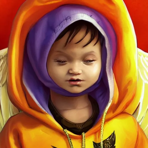 Image similar to baby Angel, baby cherub,wearing angel halo, ski mask, balaclava, face covered, wearing angel halo covered face, orange hoodie, hip hop, multiple golden necklaces, fantasy art apex fortnite Video game icon, 2d game art gta5 cover , official fanart behance hd artstation by Jesper Ejsing, by RHADS, Makoto Shinkai and Lois van baarle, ilya kuvshinov, rossdraws