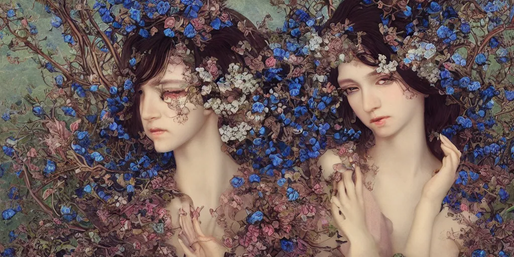 Image similar to breathtaking detailed concept weird art painting portrait of the goddess of nemophila flowers, orthodox saint, with anxious piercing eyes, ornate background, amalgamation of leaves and flowers, by hsiao - ron cheng, extremely moody lighting, 8 k