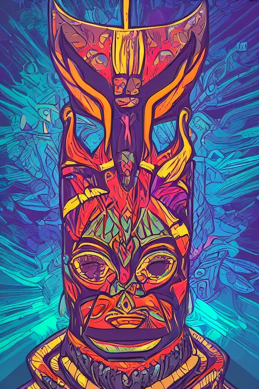 Image similar to totem animal mask tribal feather gemstone plant wood rock shaman vodoo video game vector illustration vivid multicolor borderlands comics by josan gonzales and dan mumford radiating a glowing aura