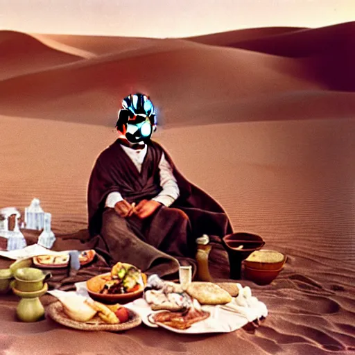 Prompt: autochrome wet plate photograph of luke skywalker having a picnic in the desert