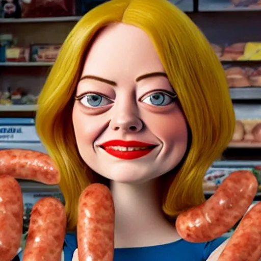 Image similar to hyperrealistic emma stone caricature surrounded by big fat frankfurter sausages by bob byerley and aardman animation, mascot, target reticles