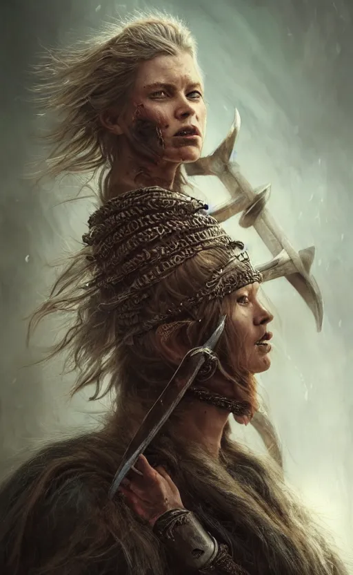 Image similar to Official photo of a majestic fierce viking woman, leader, fear, scarred, hyperrealism, highly detailed, viking attire, cinematic, 8k, 1080s, by Stanley Artgermm, Tom Bagshaw, Greg Rutkowski, Vincent di Fate, Carne Griffiths, Ayami Kojima, trending on DeviantArt, hyper detailed, full of color, digital art