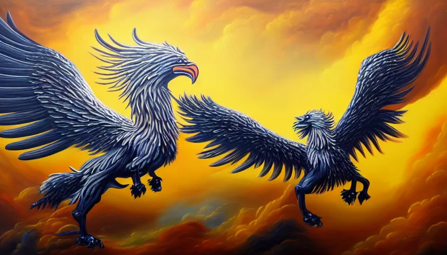 Image similar to highly detailed oil painting of a majestic griffin in flight, thick paint and visible brush strokes, 4 k resolution