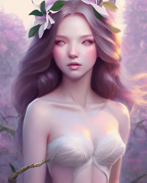 Image similar to character concept art of a goddess of magnolias as angelic young female | | seductive - fine - face, pretty face, key visual, realistic shaded perfect face, fine details by stanley artgerm lau, wlop, rossdraws, james jean, andrei riabovitchev, marc simonetti, and sakimichan, trending on artstation