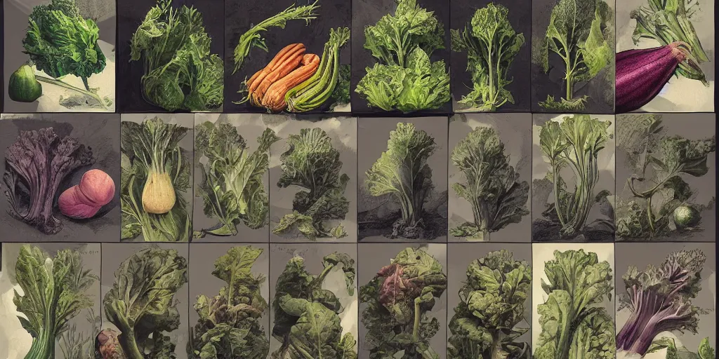 Image similar to full color page scan catalogue of various vintage fantasy vegetables illustrations on black background, in matte painting, 2 d, kitbash, 4 k