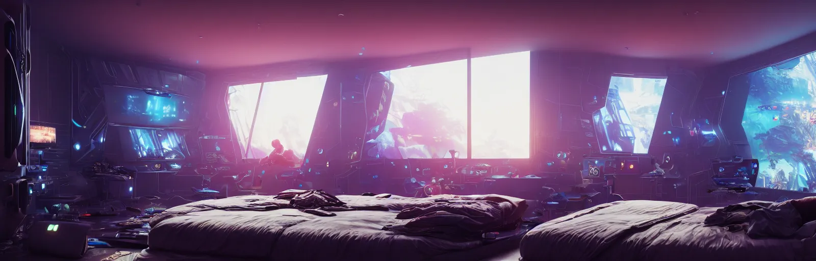 Image similar to award winning interior of futuristic bedroom cluttered with electronics, close up, wadim kashin, simon stalenhag, xf iq 4, f / 1. 4, iso 2 0 0, 1 / 1 6 0 s, 8 k, raw, featured in artstation, octane render, cinematic, elegant, intricate