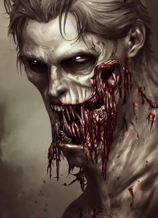Image similar to detailed beautiful cool male character art depicting am infected zombie monster, concept art, depth of field, on amino, by sakimichan patreon, wlop, weibo, bcy. net, colorhub. me high quality art on artstation.