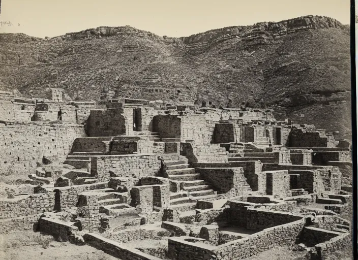 Image similar to Antique photograph of pueblo ruins on a towering Mesa showing terraced gardens in the foreground, albumen silver print, Smithsonian American Art Museum