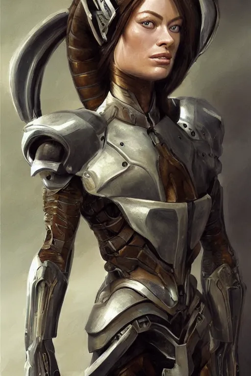 Image similar to a professional painting of a young Olivia Wilde, clothes in military armor, olive skin, long dark hair, beautiful bone structure, symmetrical facial features, intricate, elegant, digital painting, concept art, smooth, sharp focus, illustration, from StarCraft by Ruan Jia and Mandy Jurgens and Artgerm and William-Adolphe Bouguerea