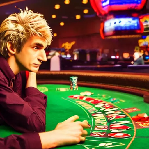 Image similar to film still of xqc gambling in Vegas, 4k, photorealism, artstation style