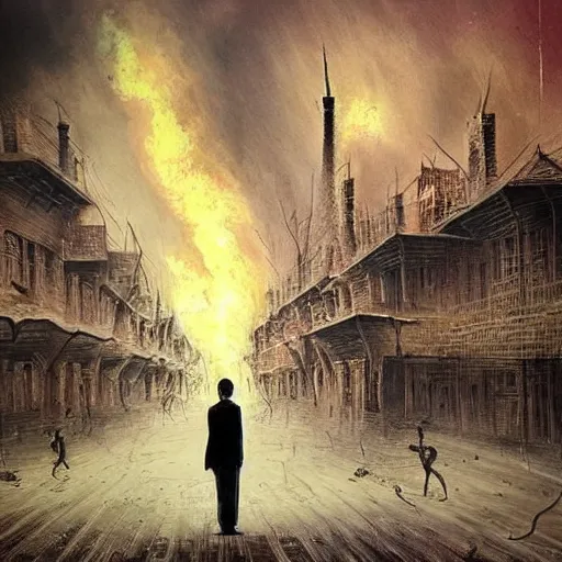 Image similar to the city is burning and fire is everywhere, palaces are collapsing just a man was standing alone crying while world is getting destroyed detailed picture