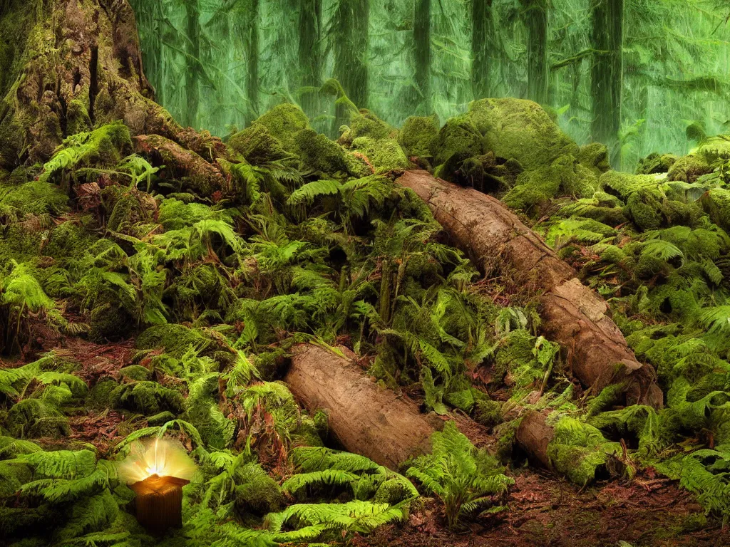 Prompt: a fantasy beautiful nurse log in a dense biorelevant rainforest setting, glowing animals surround it with pixie dust ether floating in the air