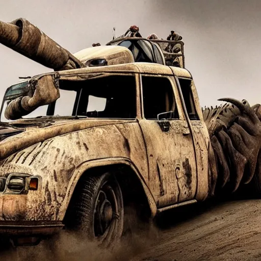 Prompt: rhinoceros truck in the style of mad max, cinematic composition, intricate photorealism, high detail, many exotic high end features